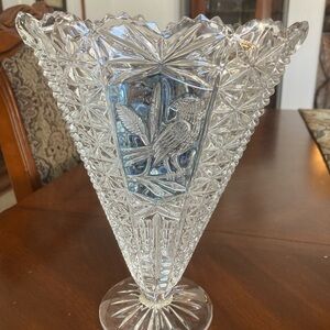 Hofbauer “Byrdes” fan shaped lead crystal vase - blue panel - 8.75”